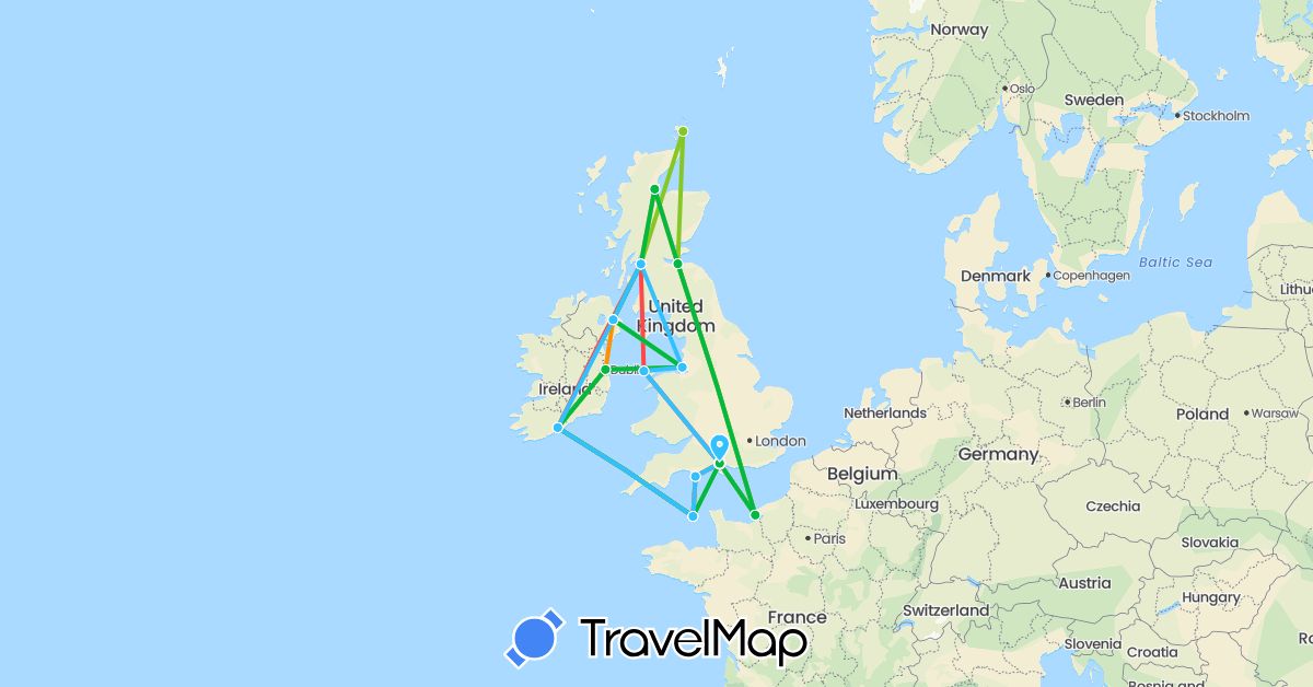 TravelMap itinerary: driving, bus, hiking, boat, hitchhiking, electric vehicle in France, United Kingdom, Guernsey, Ireland (Europe)